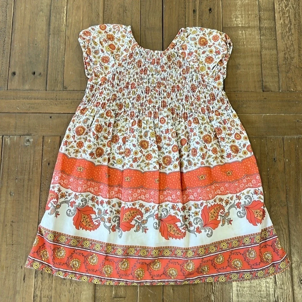 Janie and jack vintage Orange scarf print floral smocked cap sleeve dress